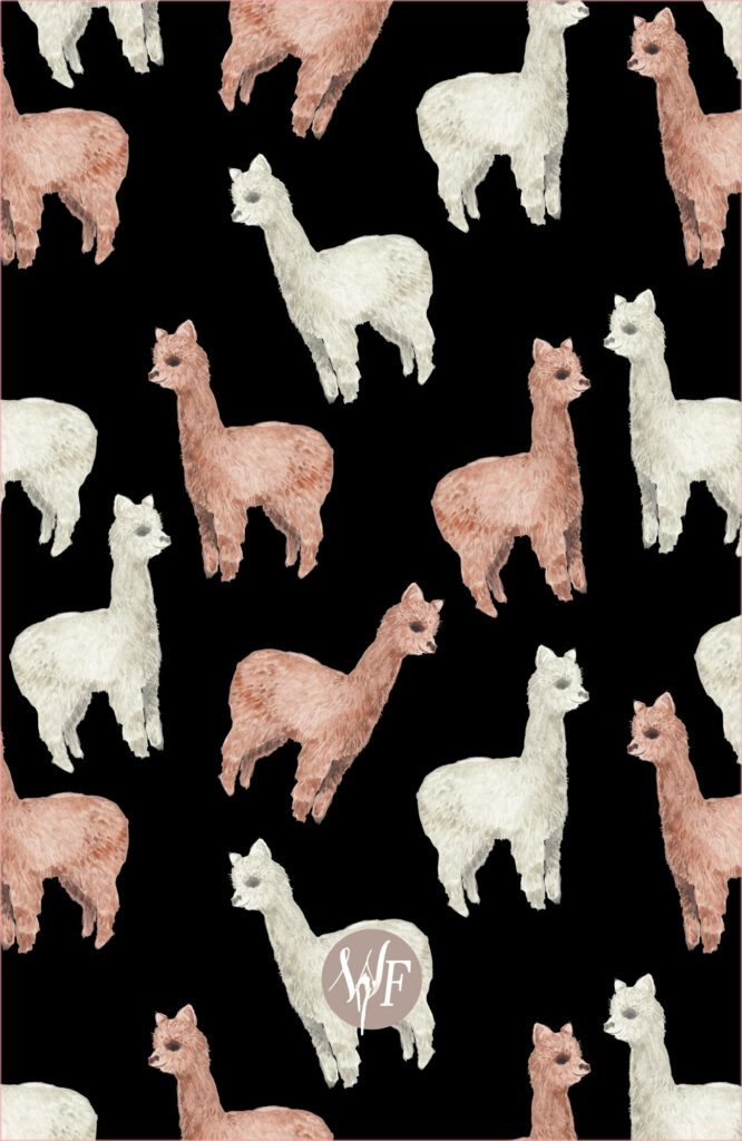 Charming brown and white alpaca pattern on black background artistic wallpaper design