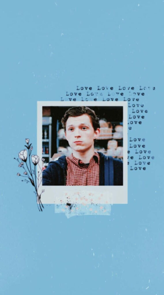 Soft blue Tom Holland wallpaper with floral sketches and repeated Love text aesthetic background