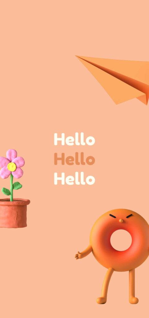 Colorful and Joyful Peach Character Design with Paper Plane and Potted Flower on Peach Background - Hello Theme Image Wallpaper