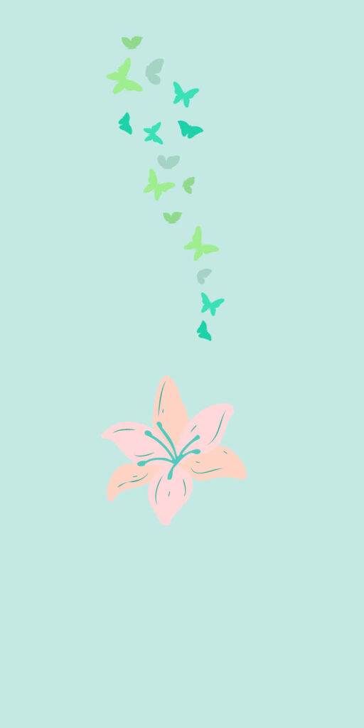 Serene Minimalist Wallpaper: Soft Pink Flower & Green Butterflies