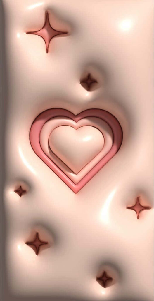 Charming 3D Pink Heart Wallpaper with Stars on Glossy Background