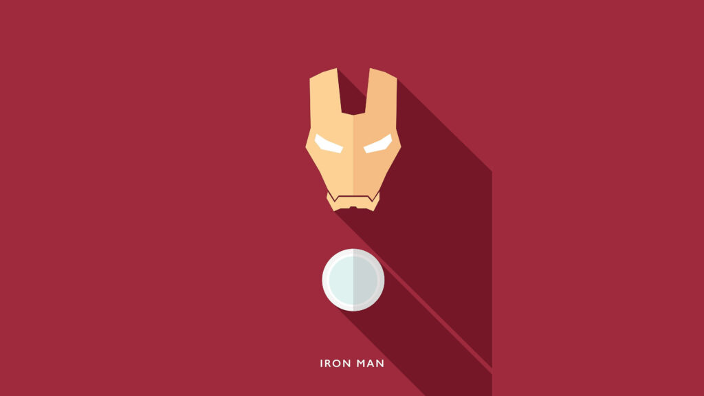 Minimalist Iron Man wallpaper with flat mask and Arc Reactor on deep red long-shadow background