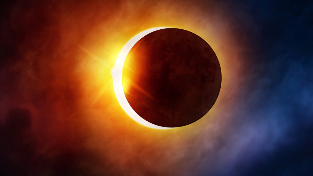 Solar eclipse wallpaper with glowing corona fiery orange red gradients space blue digital art