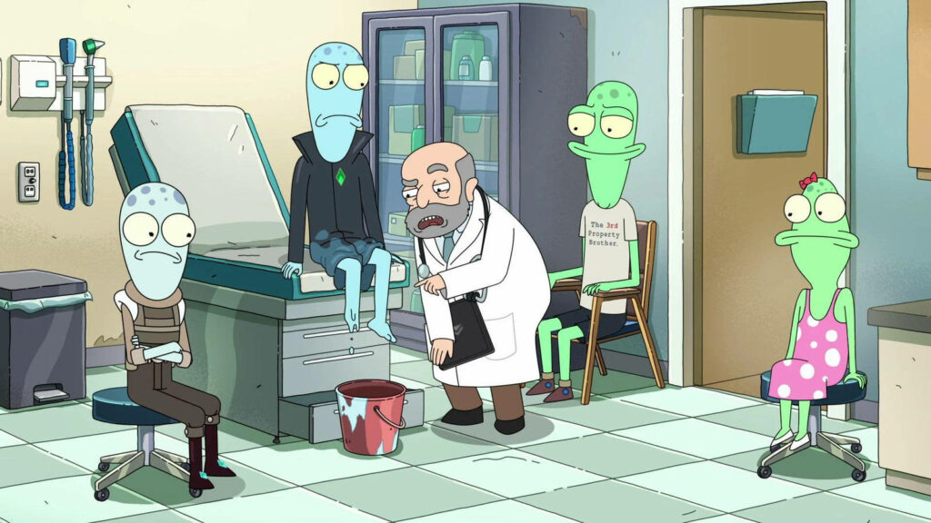Comical Solar Opposites Wallpaper: Aliens at the Doctor's Clinic