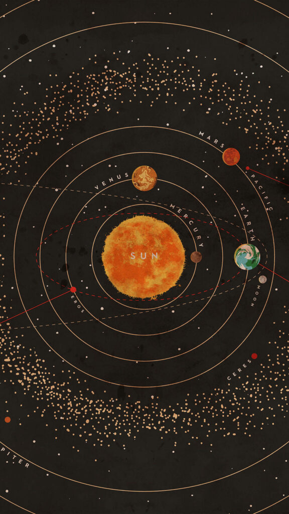 Solar system wallpaper with Sun center planets Venus Mars Earth in warm amber gold tones