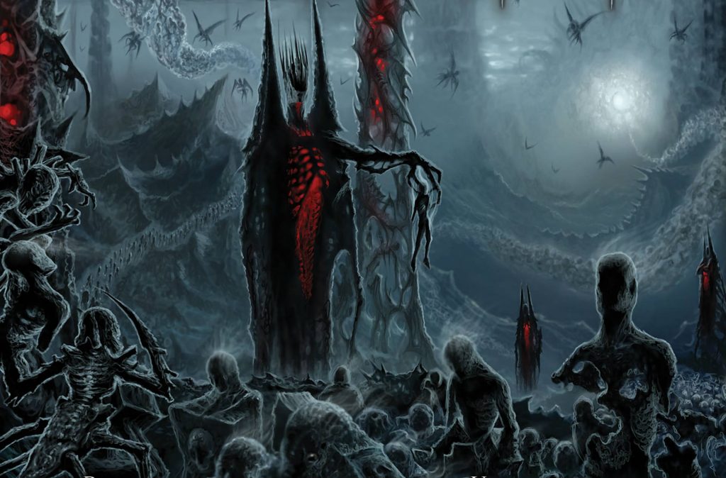 Dark fantasy Solarflesh album cover by Hate with red core entity and tormented souls wallpaper