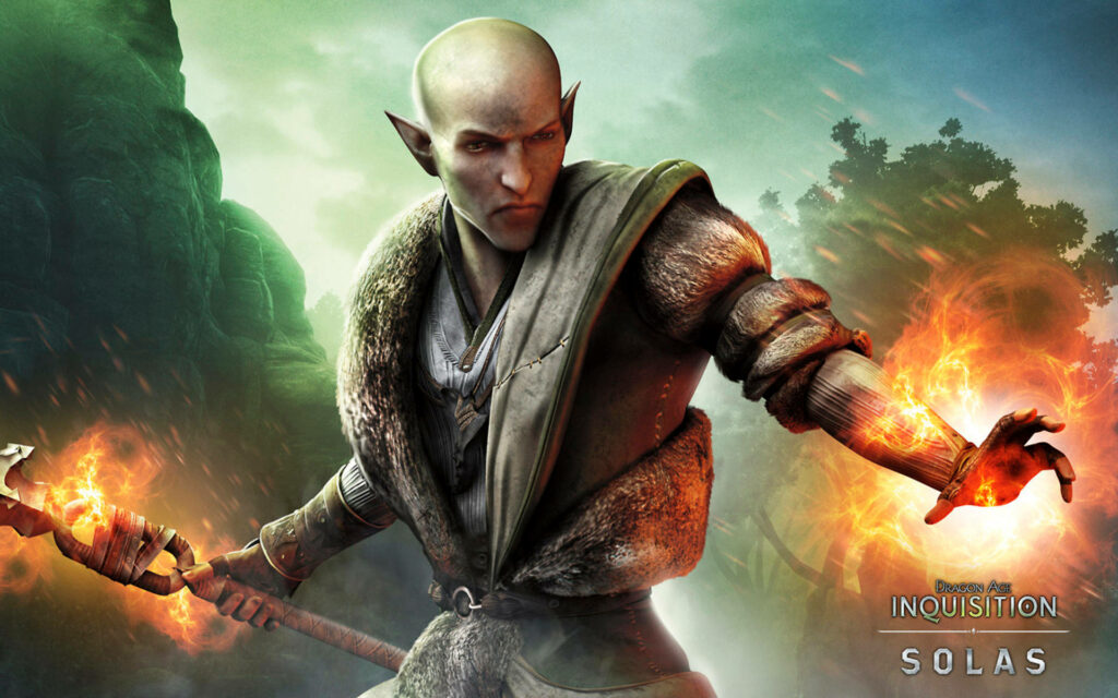 Enchanting Snapshot: Solas, the Elven Hedge Mage, Awaits as a Beloved Associate of the Elven Female Inquisitor in Dragon Age Inquisition Wallpaper