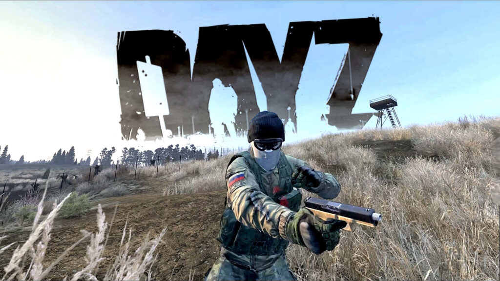 Dayz Epoch Mod: Immersive Backdrop with Soldier Brandishing a Pistol amidst Iconic Logo Wallpaper