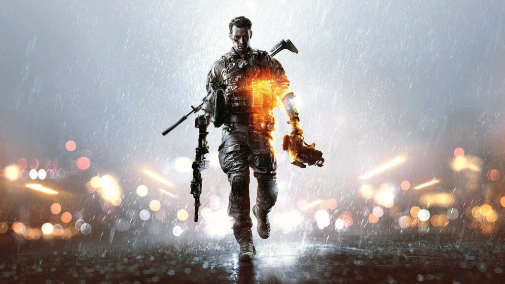 Vigorous Soldier on a War-torn Digital Landscape Wallpaper
