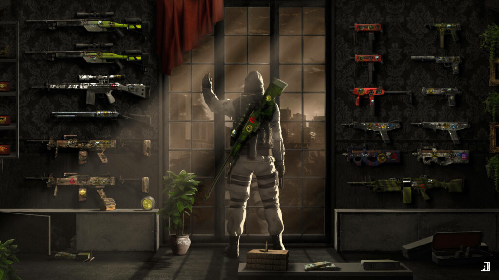 Soldier's Perseverance Through a Window: CS GO's Gun Exhibit Scene Wallpaper
