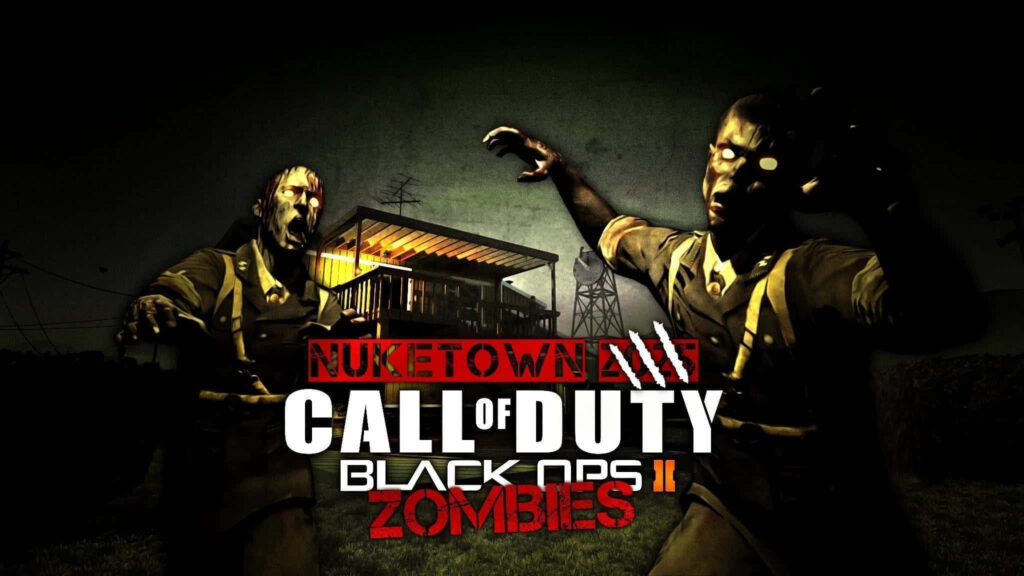 Intense Nuketown Zombies Wallpaper: Zombies and Dilapidated House in Thrilling Call of Duty: Black Ops II Map