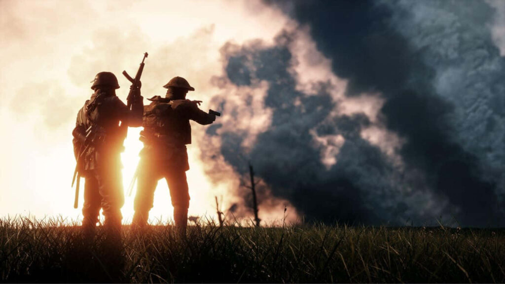 Dusk Patrol: Armed Soldiers Traverse Dayz Epoch Mod Landscapes amidst a Vivid Sunset Wallpaper