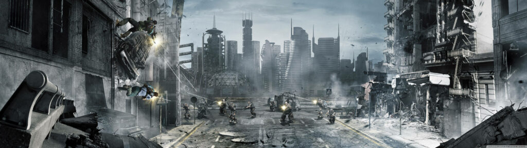 Battlefield Chaos: Soldiers Engaged in Intense Combat Amidst a Desolate Urban Wasteland Wallpaper