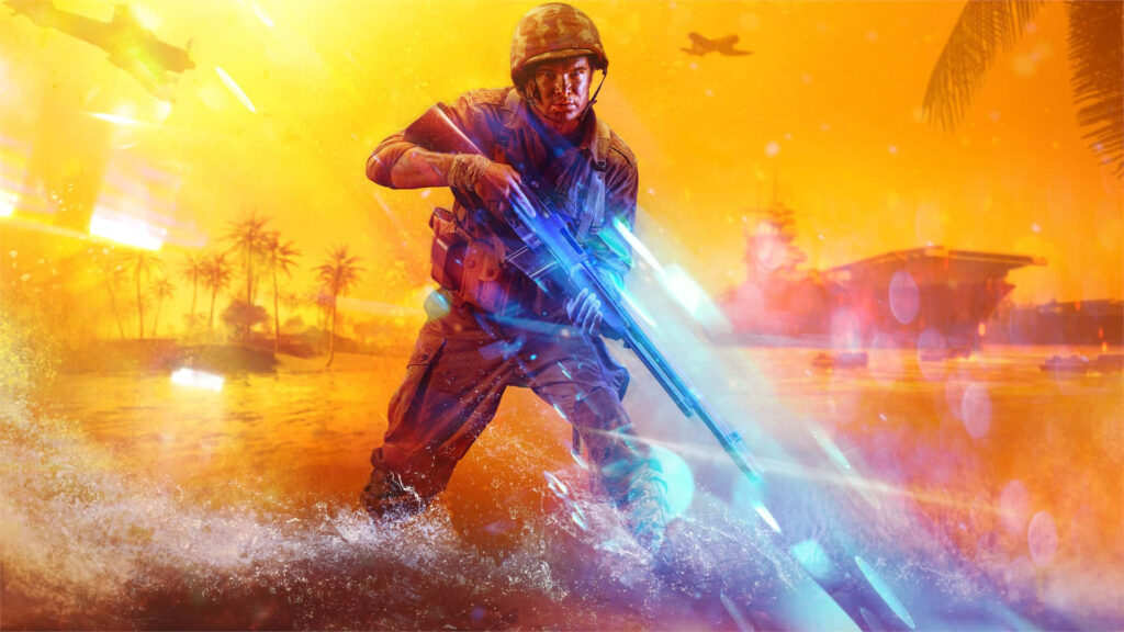 Immersive Warfare: Radiant Soldier amidst an Amber Waterscape Wallpaper