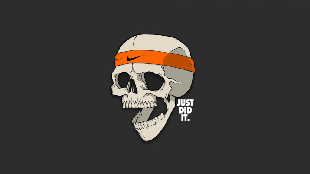 Deathly Cool: Nike's Sinister iPhone Wallpaper featuring a Skull donning an Orange Nike Headband and a Bold Brand Motto