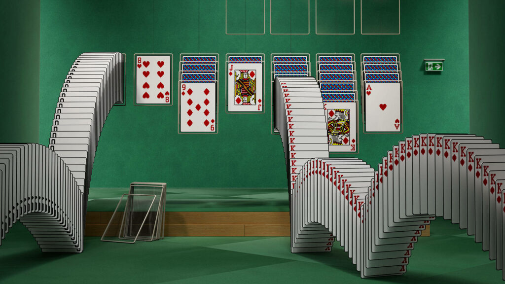 Classic Microsoft Solitaire playing cards cascade on vibrant green background Teams wallpaper
