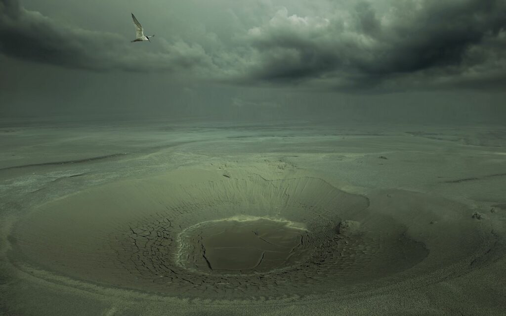 Moody desert ravine with cracked sand and lone bird under dramatic cloudy sky wallpaper background