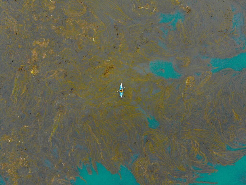 Aerial view of a lone boat drifting in turquoise sea with swirling seaweed and earthy stains Wallpaper