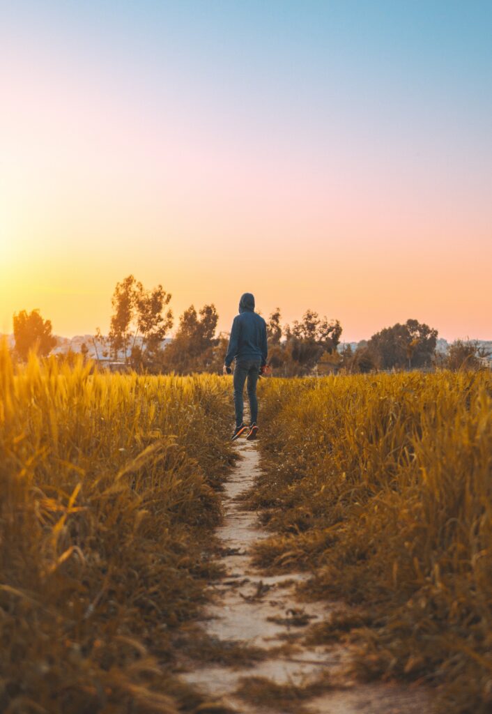 Man walking on narrow path through golden grass field at sunset in Rabat Morocco serene landscape Wallpaper