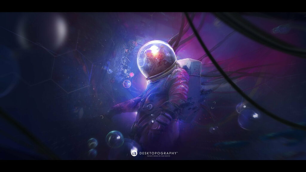 Solitary Space Traveler: A Dreamy Astronaut in a Vibrant Universe Wallpaper