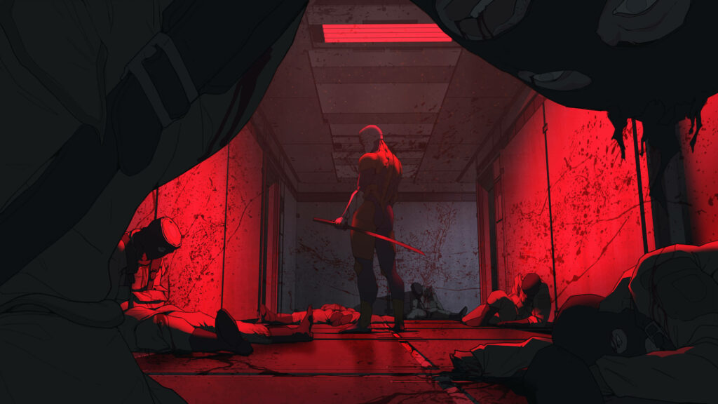Raging Solitude: Daredevil's Triumph amidst a Crimson Catacomb of Fallen Foes - Abstract Daredevil Background Wallpaper