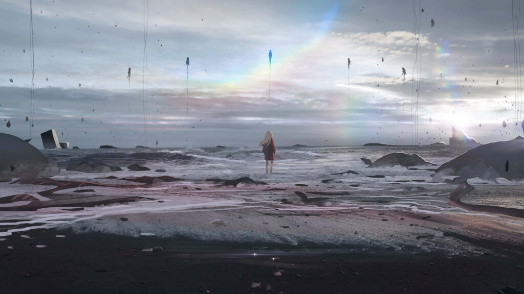 Solitary Woman on Desolate Beach: Surreal Horizon & Ethereal Sky Wallpaper