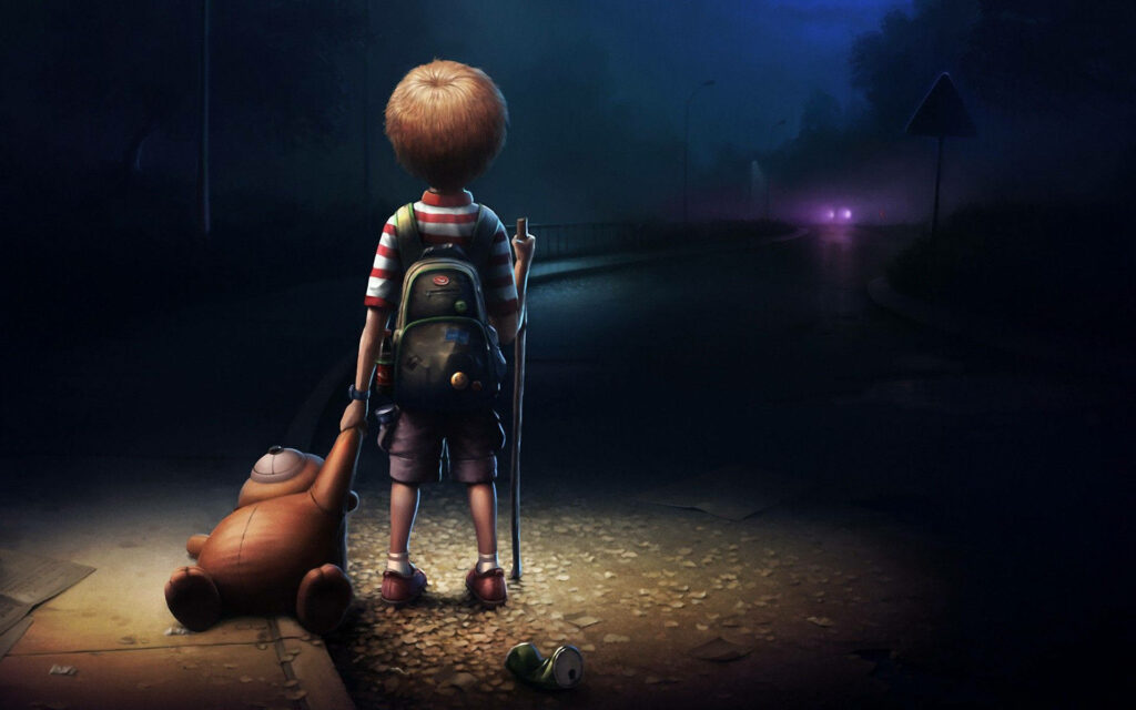 Lone Guardian: A Heartbreaking Snapshot of a Homeless Child Embracing Solace Amidst the Shadows Wallpaper