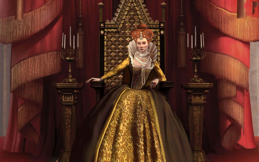 Solitary Sovereign: Queen Elizabeth I in Her Majestic Golden Throne Wallpaper