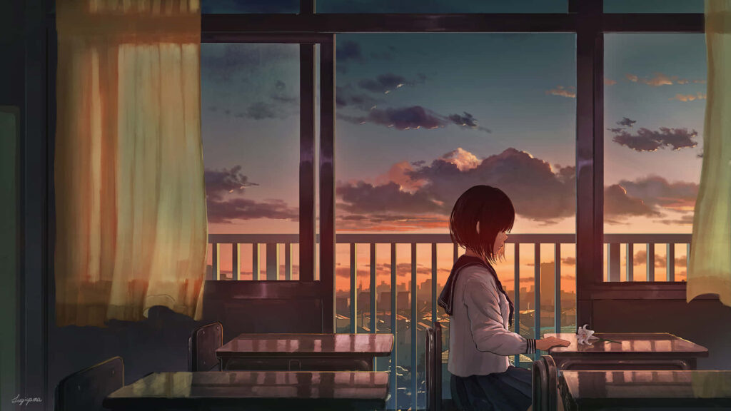 Melancholic Anime Moment: Tearful Girl Gazes at Sunset Sky through Room Window Wallpaper