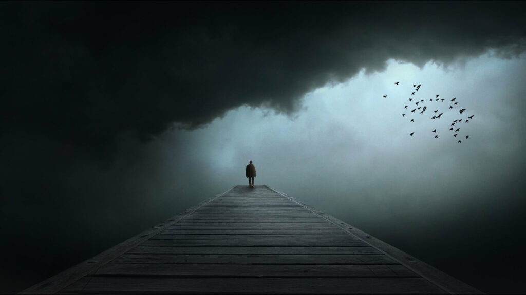 Solitude on the Dark Brown Dock: HD Wallpaper of a Lone Person Wrapped in Loneliness in 1080p Full HD 1920x1080 Resolution