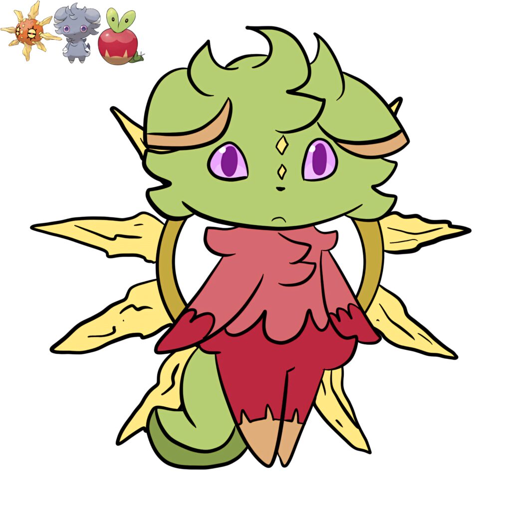 Cartoon fusion wallpaper of Solrock Espurr Applin with golden spikes green red body and purple eyes