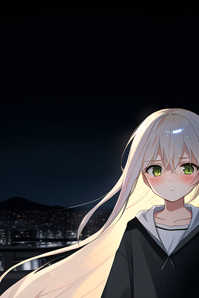 Anime Girl with Light Hair in Somber Nighttime Cityscape Wallpaper
