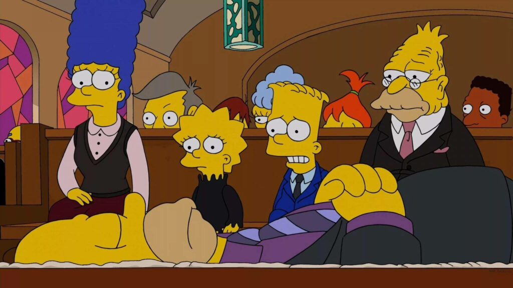 Somber Simpsons Wallpaper: Family at Homer's Funeral in Church