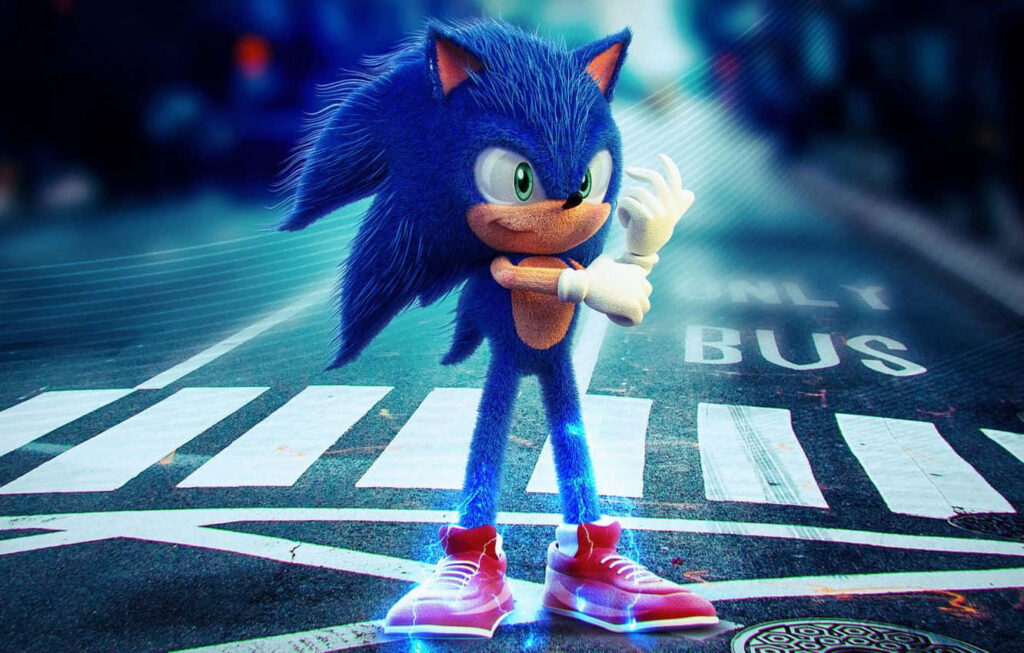 Blazing Sonic: The Blue-Furred Hero Surges Through Urban Streets in Sonic 2 HD Wallpaper