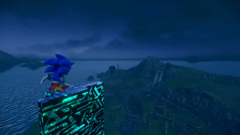 Sonic Frontiers: Serene Night Scene Wallpaper with Sonic on Platform