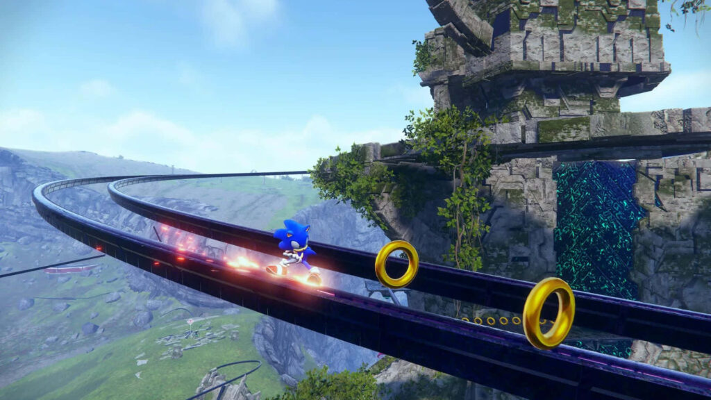Sonic Frontiers Wallpaper: Sonic Speeding on Futuristic Railroad Track
