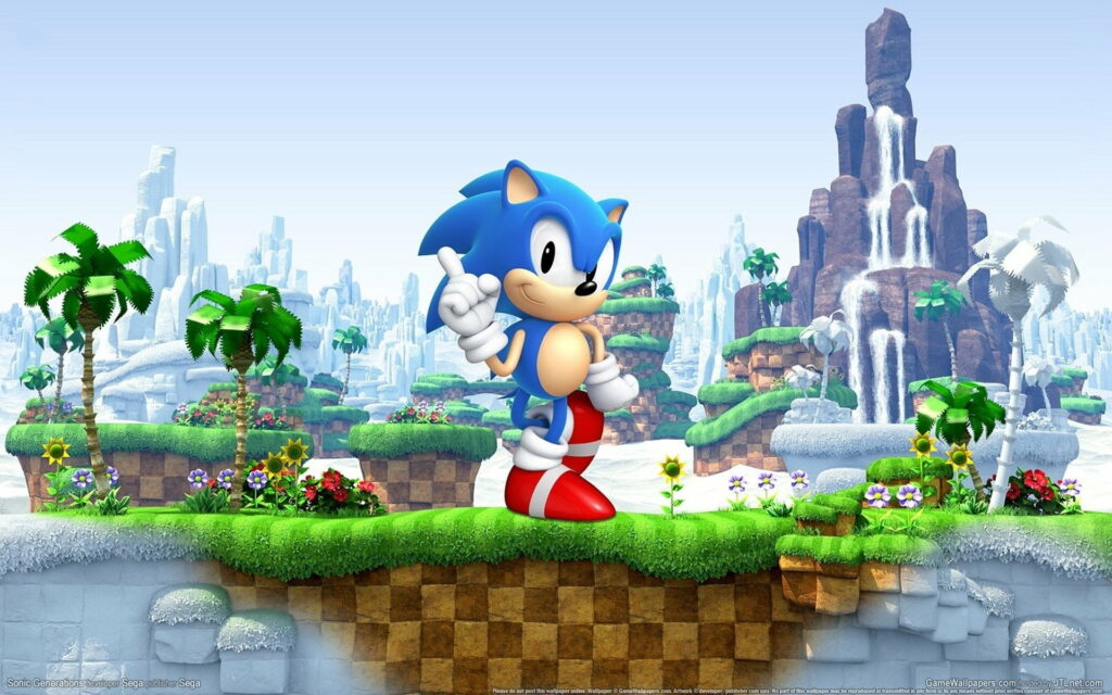 3D Classic Sonic the Hedgehog in Green Hill Zone with checkered terrain palm trees and waterfall Wallpaper