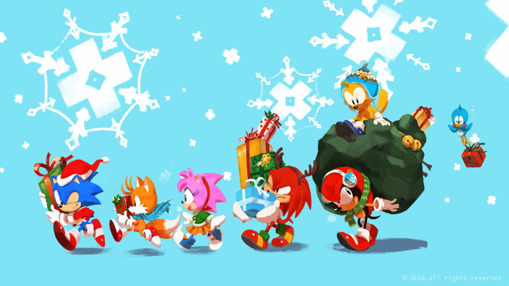 Sonic Mania Adventures holiday wallpaper Sonic Tails Amy Knuckles Mighty Ray carrying gifts in snow