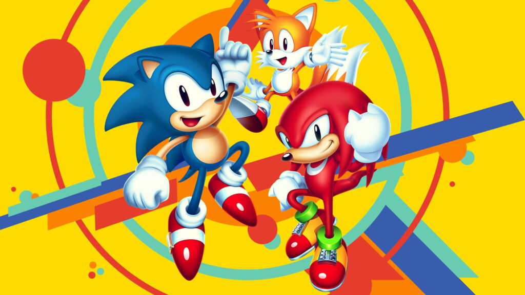 Sonic Mania wallpaper with Sonic Tails Knuckles vibrant yellow retro geometric background