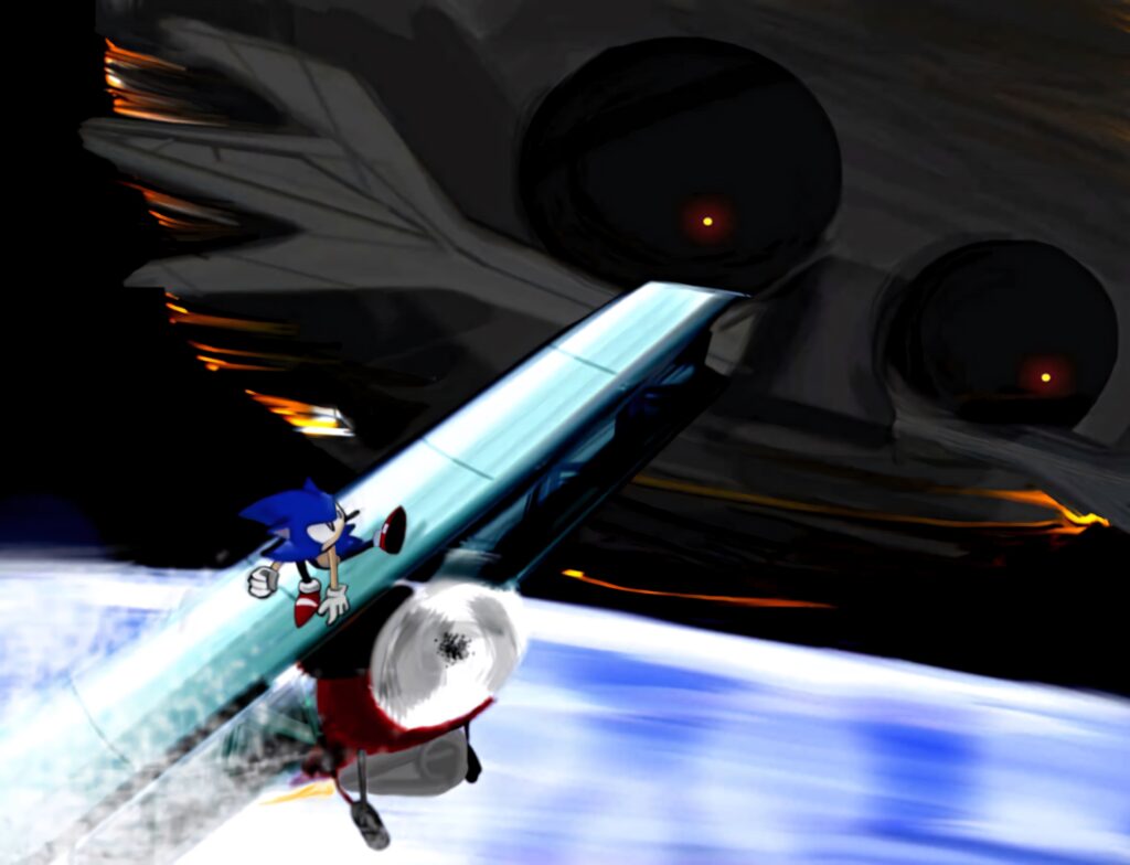 Sonic racing on metallic surface with glowing Death Egg and swirling shadows intense wallpaper