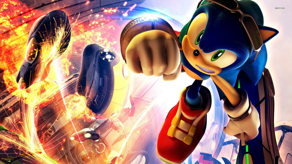 Sonic the Hedgehog in goggles striking a powerful pose with explosions and sparks background Wallpaper