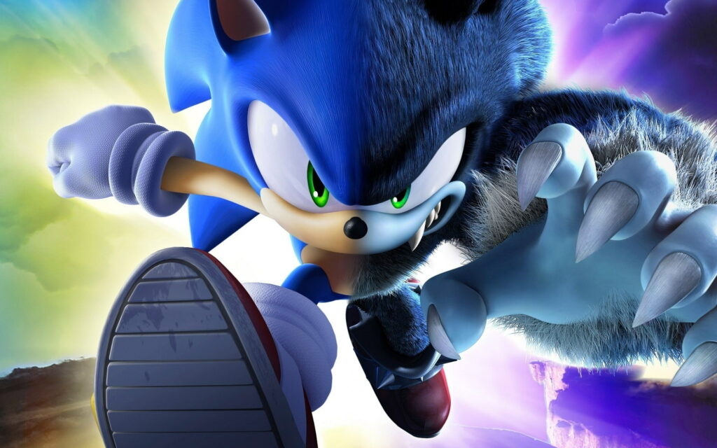 Sonic the Hedgehog HD wallpaper split classic and Werehog form with sharp claws and green eyes
