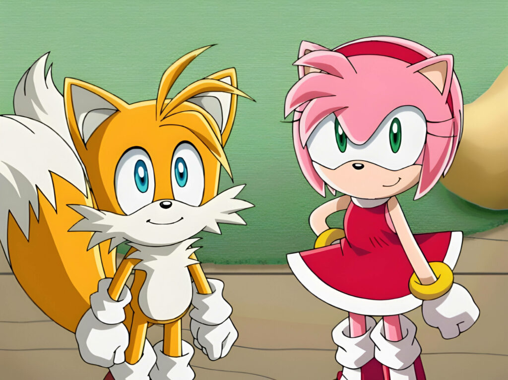 Cheerful Encounter: Animated Joy in Amy Rose's Background Snapshot with Tails Prower from Sonic X Wallpaper