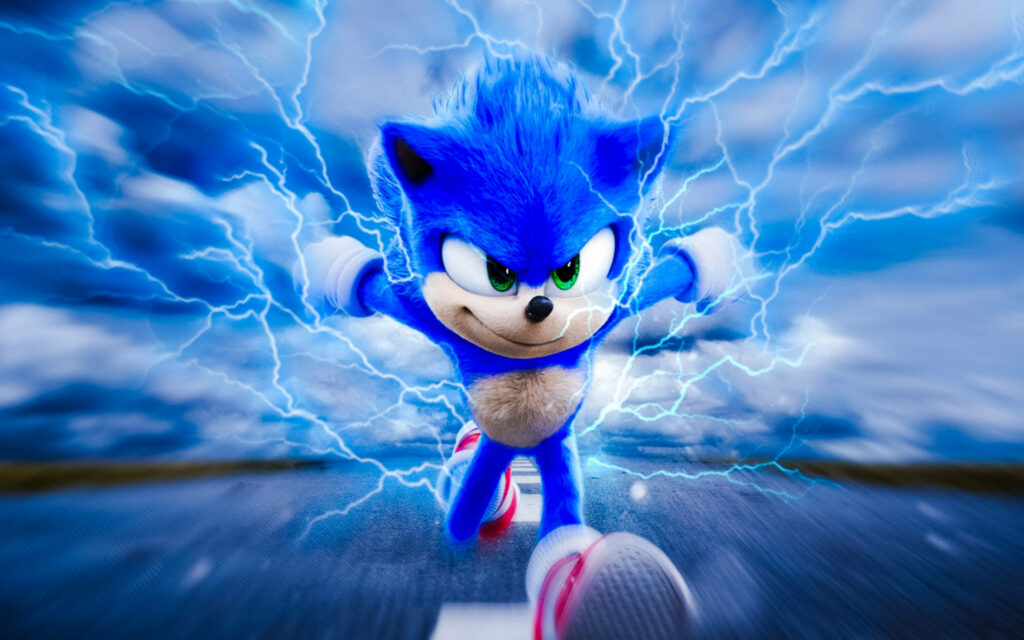 Sonic the Hedgehog Speeding through an Empty Highway with Electric Blue Trail Wallpaper