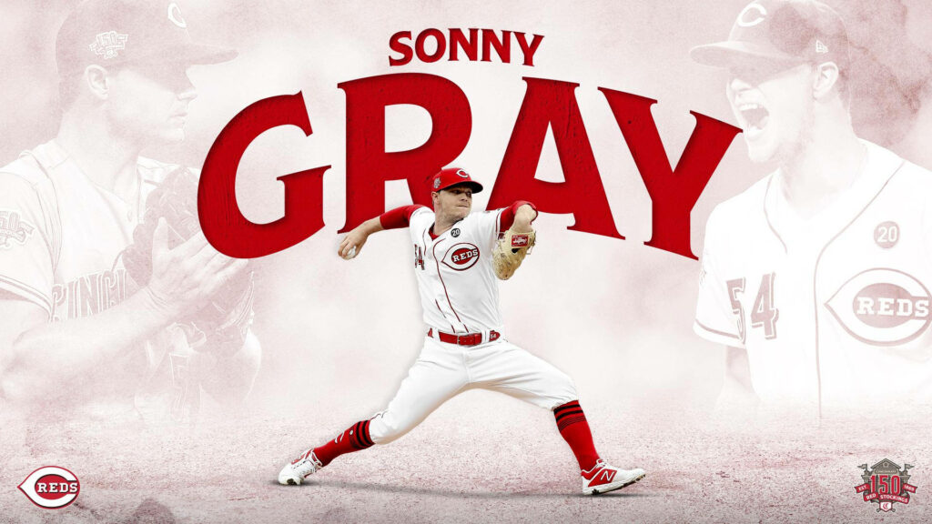 Sonny Gray Cincinnati Reds pitching wallpaper with bold red white background and team logos