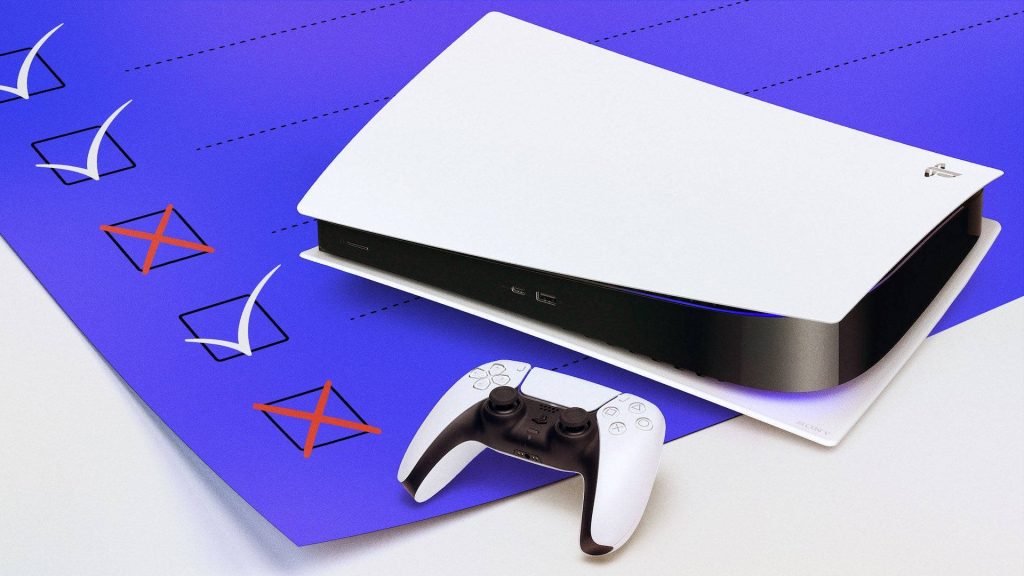 Sony PlayStation 5 console with white DualSense controller on vibrant purple checklist wallpaper