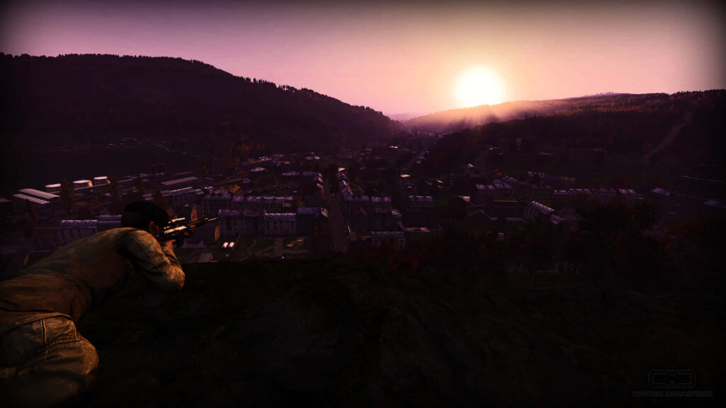Surreal Sunset Overlooking Town: Immersive Dayz Epoch Mod Image with Soldier Silhouette on Hill Wallpaper
