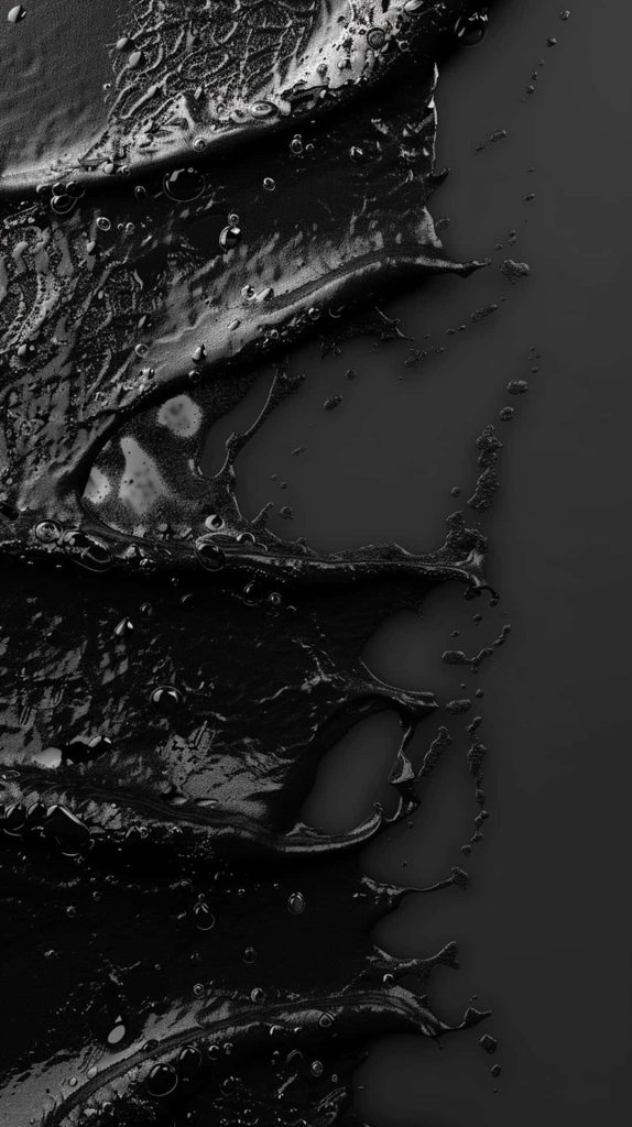Abstract black liquid splash with intricate bubbles on charcoal background minimalist wallpaper
