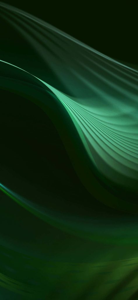 Emerald green abstract wallpaper with flowing wave ridges and textured 3D minimalist design