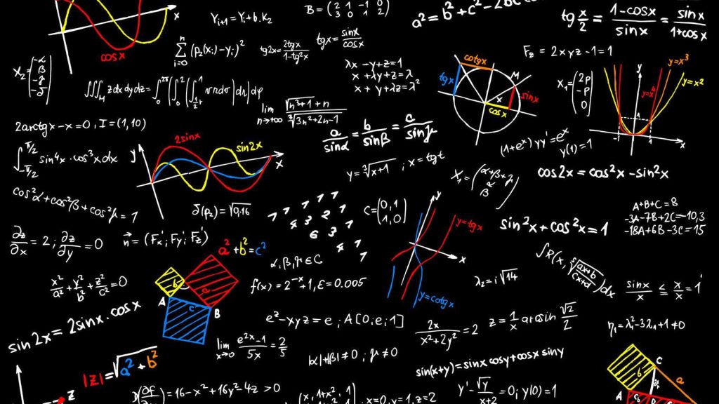 Academic wallpaper with calculus formulas geometric graphs in white red yellow on black background